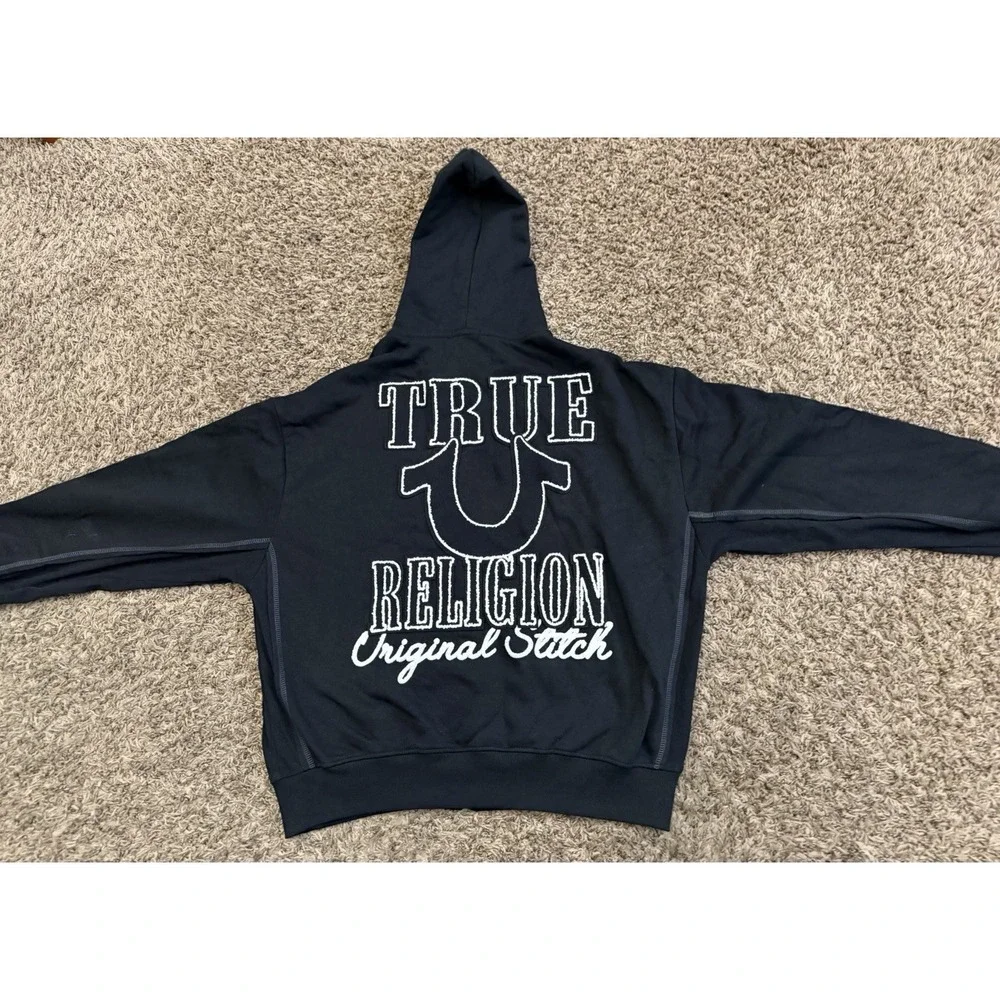 True Religion Ribbed Stitch Appliqué Full Zip Hoodie, Black White Mens Size XL